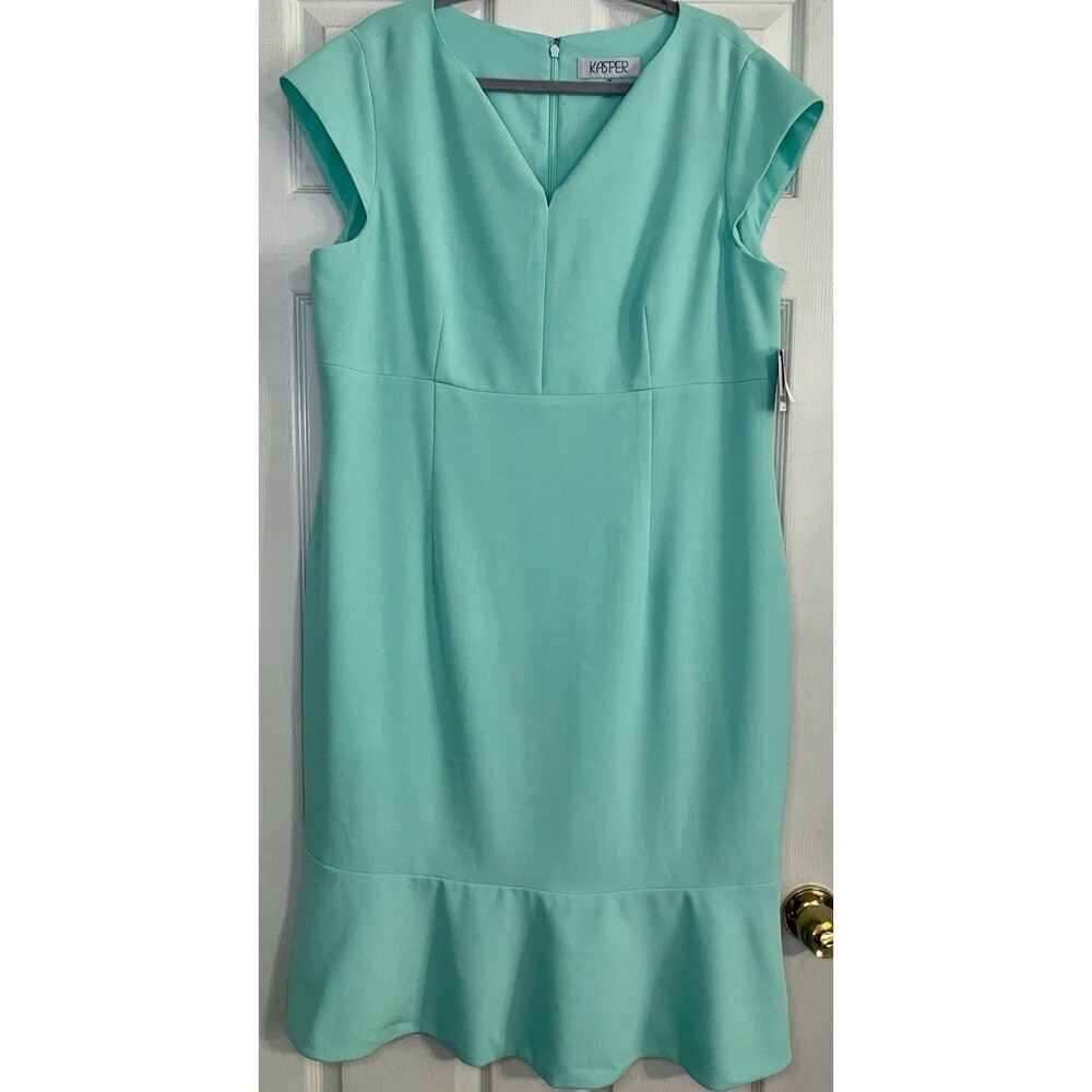 Kasper Dress SZ18  Green Split V-Neck Cap Sleeve Flounce Ruffle Hem Midi